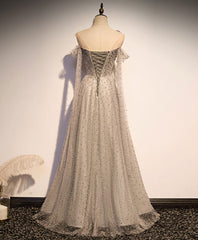 Grey One Shoulder Pearls Tulle Long Evening Dresses, Light Grey Party Dresses Formal Dresses