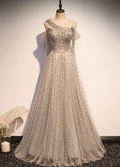 Grey One Shoulder Pearls Tulle Long Evening Dresses, Light Grey Party Dresses Formal Dresses