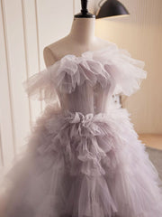 Grey Purple Tulle Long Prom Dresses, Grey Purple Evening Dresses