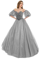 Grey Tulle Sequins Sweetheart Prom Dresses Spaghetti Straps Evening Quinceanera Dresses