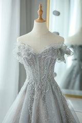 Grey Tulle Sweetheart Party Dresses, A-Line Tulle Floor Length Prom Dresses Evening Dresses