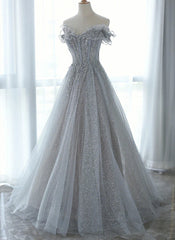 Grey Tulle Sweetheart Party Dresses, A-Line Tulle Floor Length Prom Dresses Evening Dresses