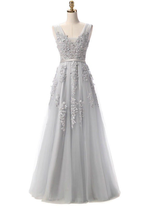 Grey V Neck Long Lace Appliques Prom Dresses