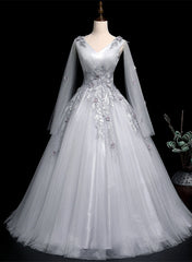 Grey V-neckline Ball Gown with Lace and Flowers Party Dresses, Grey Sweet 16 Dresses