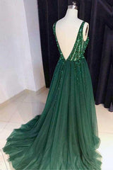 Chic A-Line V Neck Backless Dark Green Tulle Prom Dresses with Sequins Evening Dresses