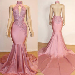 Halter Backless Mermaid Appliques Long Train Prom Dresses