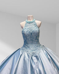 Halter Beaded Sky Blue Satin Ball Gown Quincea?era Dresses