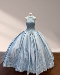 Halter Beaded Sky Blue Satin Ball Gown Quincea?era Dresses