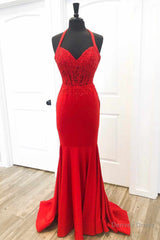 Halter Neck Mermaid Backless Red Lace Long Prom Dresses, Mermaid Red Formal Dresses, Red Lace Evening Dresses