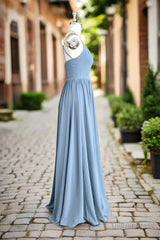 Halter Open Back High Neck Chiffon Long Dusty Blue Plus Size Bridesmaid Dress