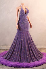 Halter Purple Prom -jurken Lange avondjurken met een pony met franjes