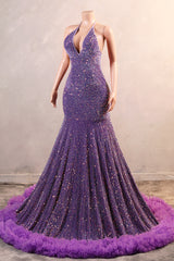 Halter Purple Prom -jurken Lange avondjurken met een pony met franjes