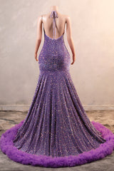 Robes de bal à violet licou paillettes longues robes de soirée avec frange