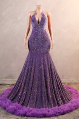 Halter Purple Prom -jurken Lange avondjurken met een pony met franjes