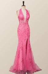 Halter Fuchsia Yellow Lace Mermaid Prom Dresses