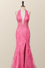 Halter Fuchsia Yellow Lace Mermaid Prom Dresses