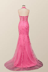 Halter Fuchsia Yellow Lace Mermaid Prom Dresses