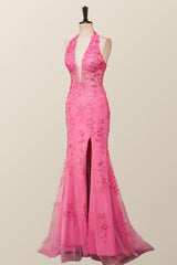 Halter Fuchsia Yellow Lace Mermaid Prom Dresses