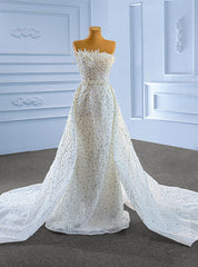 Heavy Beading Sequins Pearls Strapless Wedding Dresses