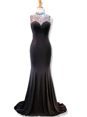 High Neck Beaded Crystals Floor Length Black Mermaid Prom Dresses