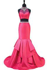 High Neck Mermaid African Hot Pink Two Piece Satin Prom Dresses