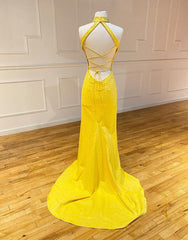 High Neck Mermaid Yellow Prom Dresses with Split