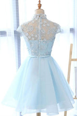 High Neck Short Blue Lace Prom Dresses, Short Blue Lace Graduation Homecoming Dresses