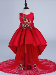 High quality silk embroidery Kids Girls Flower Dress Girl Dresses