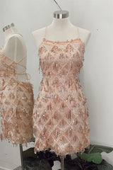 Champagne Lace-Up Tassels Sequins Sheath Homecoming Dresses