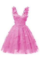 Aplicación de encaje de mariposa 3D de color rosa fuerte Tul Tul Tul Tul Homecoming Vestido para adolescentes Sweetheart Mini Vestidos de graduación cortos