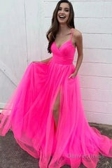 Hot Pink A-Line Tulle Long Prom Dress with Pockets