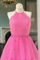 Hot Pink A-Line Tulle Prom Dresses with Colorful Dots