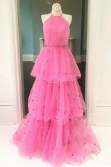 Hot Pink A-Line Tulle Prom Dresses with Colorful Dots