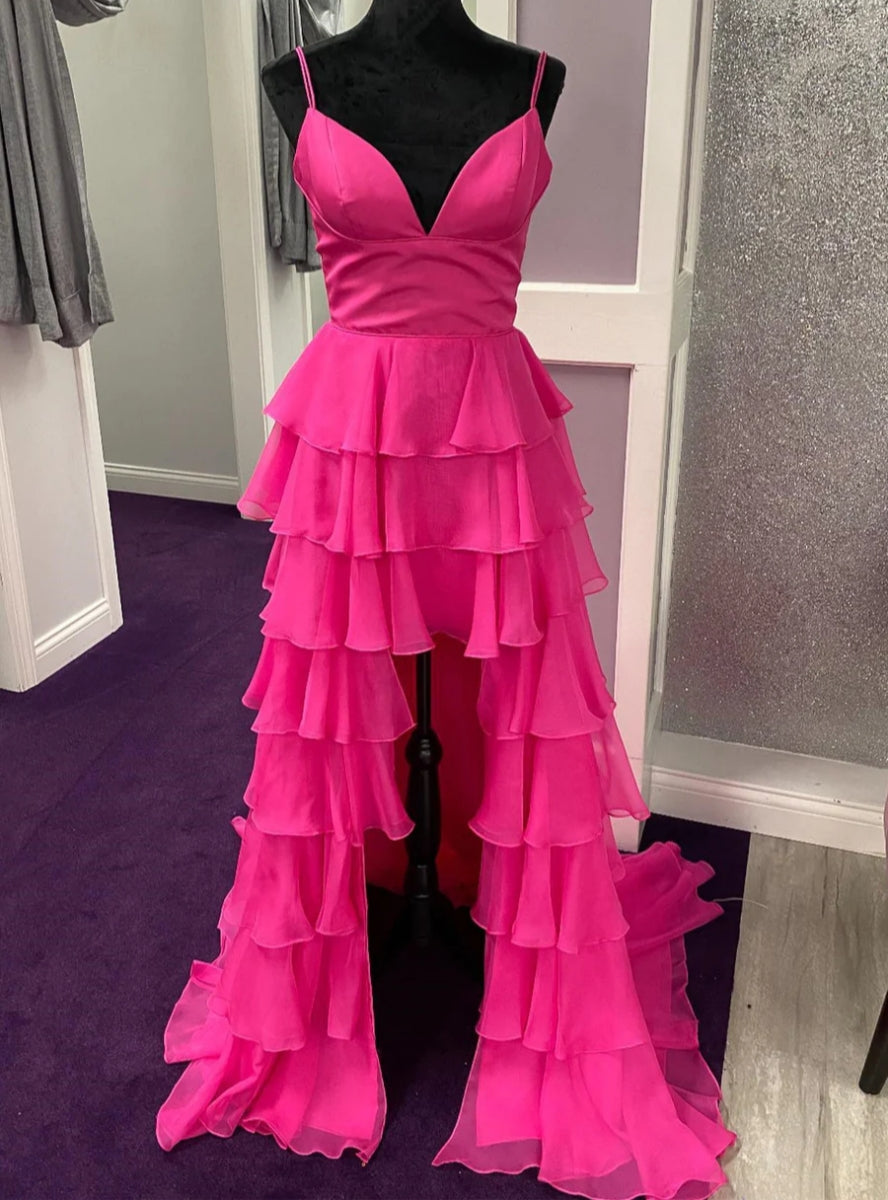 Hot Pink Chiffon  Spaghetti Straps Prom Dress