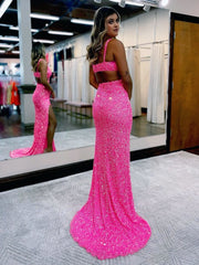 Hot Pink Mermaid V Neck Sequins Prom Dresses with Slit