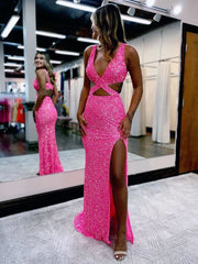 Hot Pink Mermaid V Neck Sequins Prom Dresses with Slit