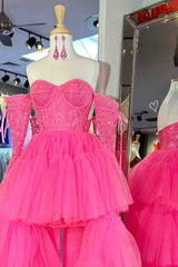 Hot Pink Off-Shoulder A-line Tulle Layers Applique Hi-Low Prom Dresses