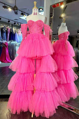 Hot Pink Off-Shoulder A-line Tulle Layers Applique Hi-Low Prom Dresses