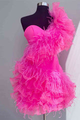 Hot Pink Ruffled Short Homecoming Dresses with Feathers