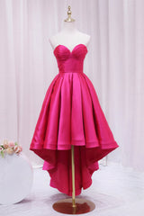 Hot Pink Satin High Low Prom Dresses, Cute Sweetheart Neck Evening Party Dresses