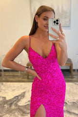 Hot Pink Sequins Glitter Prom Dress with Slit