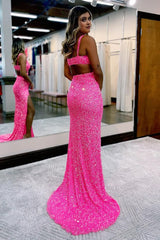 hot pink sequins hollow out mermaid prom dress