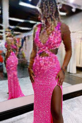 hot pink sequins hollow out mermaid prom dress