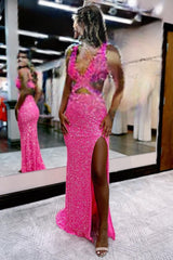 hot pink sequins hollow out mermaid prom dress