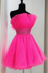 Hot Pink Strapless A-line Tulle Homecoming Dresses