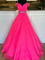 Hot Pink Tulle Pleats Beading Prom Dresses