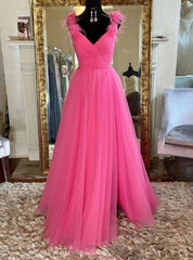 Hot Pink Tulle Pleats V-neck Prom Dresses