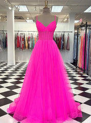 Hot Pink Tulle Spaghetti Straps Prom Dress