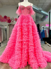 Hot Pink Tulle Tiers Beading Prom Dresses