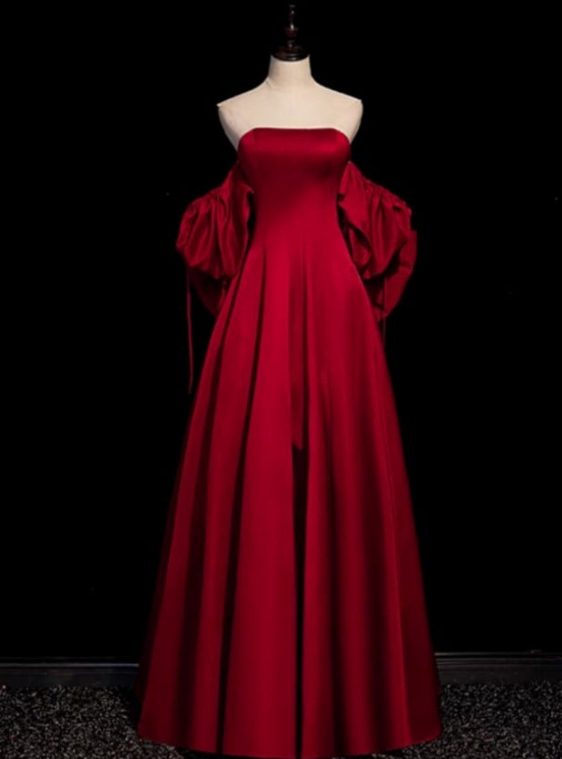 Hot Sale Burgundy Satin Strapless Bow Prom Dress